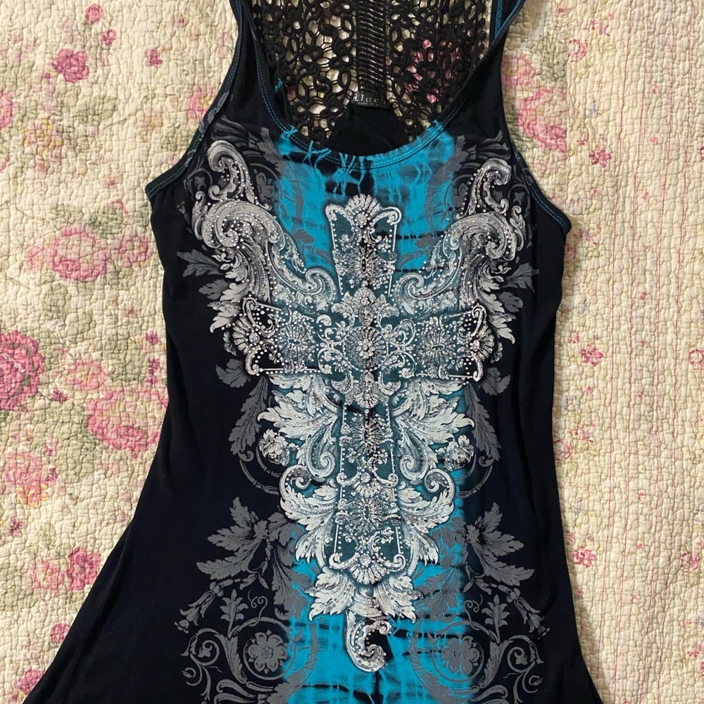 Doral Women’s Tunic CROSS Rhinestones Floral Angel Wings blk/Turquoise Large